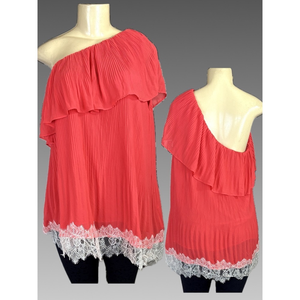 Michael Kors Sangria One Shoulder Lined Ruffle Overlay Pleated Lace Trim Blouse